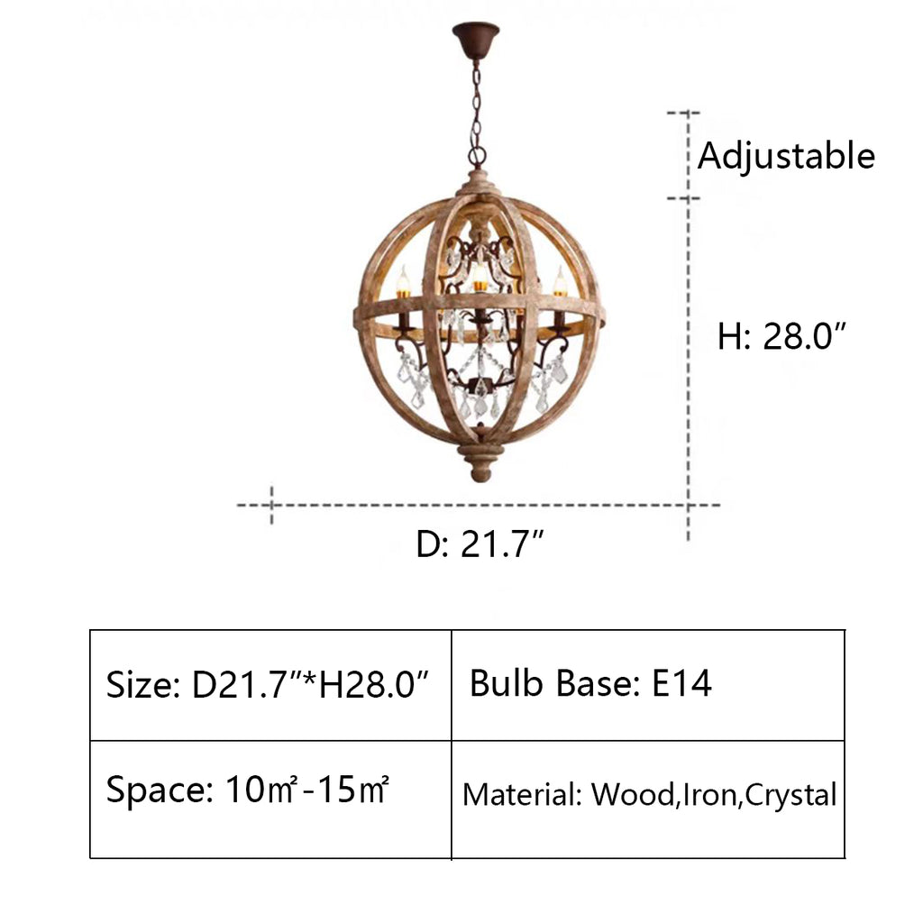 D21.7"*H28"  ornate, wood, rustic, american country, framhouse, iron, candle, teardrop, crystal, round, classic, mid-century, vintage 