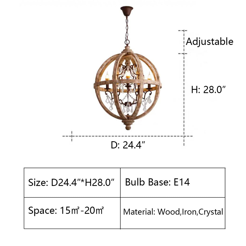 D24.4"*H28"  ornate, wood, rustic, american country, framhouse, iron, candle, teardrop, crystal, round, classic, mid-century, vintage