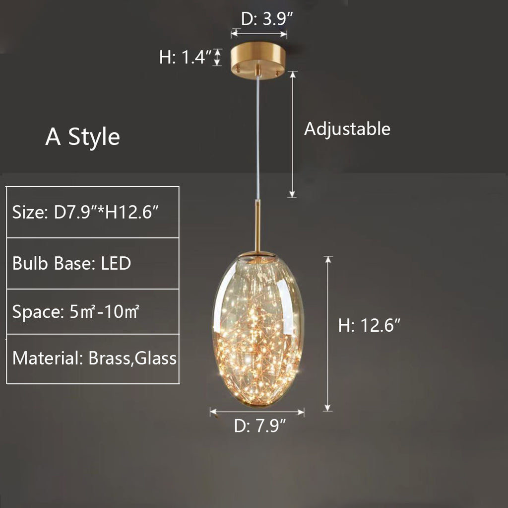 A: D7.9"*H12.6"  glass, unique, copper, brass, starburst, modern, transparent, group, collection, dining table, kitchen island, bar