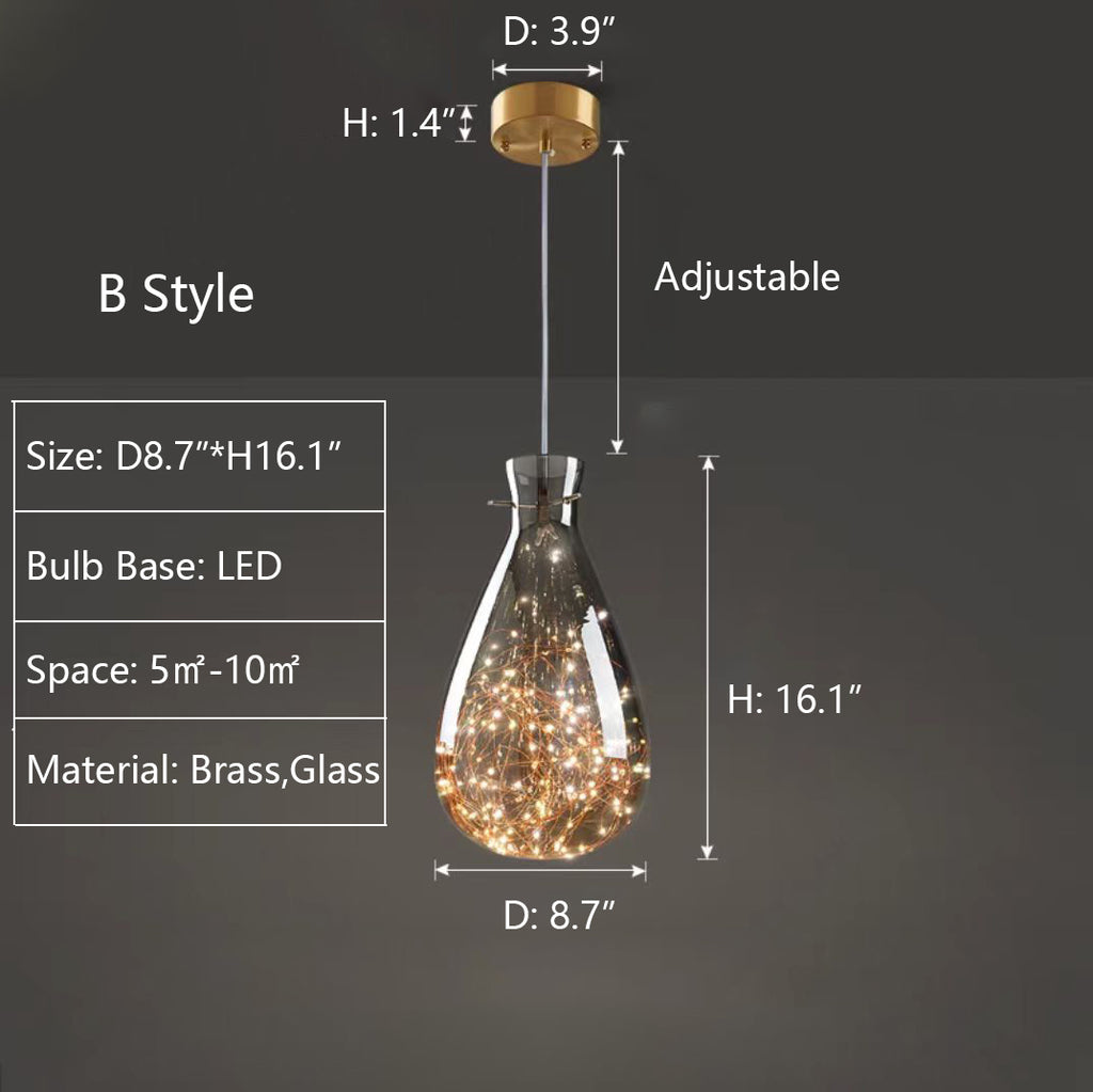 B: D10.2"*H16.1"  glass, unique, copper, brass, starburst, modern, transparent, group, collection, dining table, kitchen island, bar
