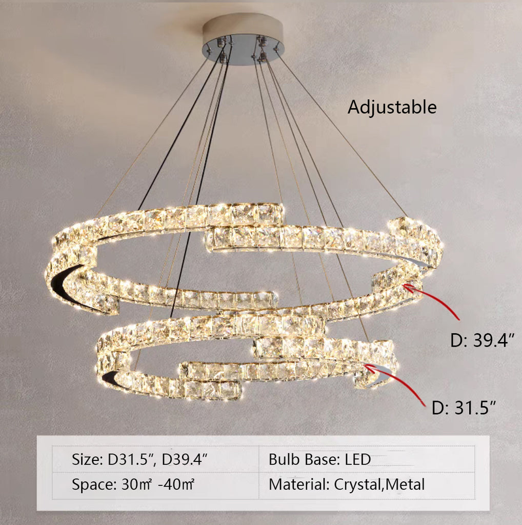 2Layers: D31.5"*H39.4"  extra large, oversized, irregular, ring, crystal, suit, modern, pendant, flush mount, living room, dining room, bedroom, kitchen island