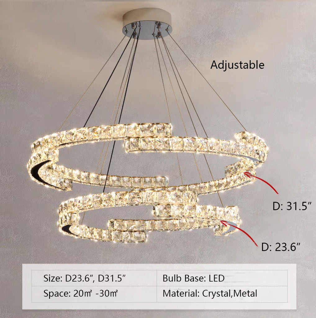 2Layers: D23.6"*H31.5"  extra large, oversized, irregular, ring, crystal, suit, modern, pendant, flush mount, living room, dining room, bedroom, kitchen island