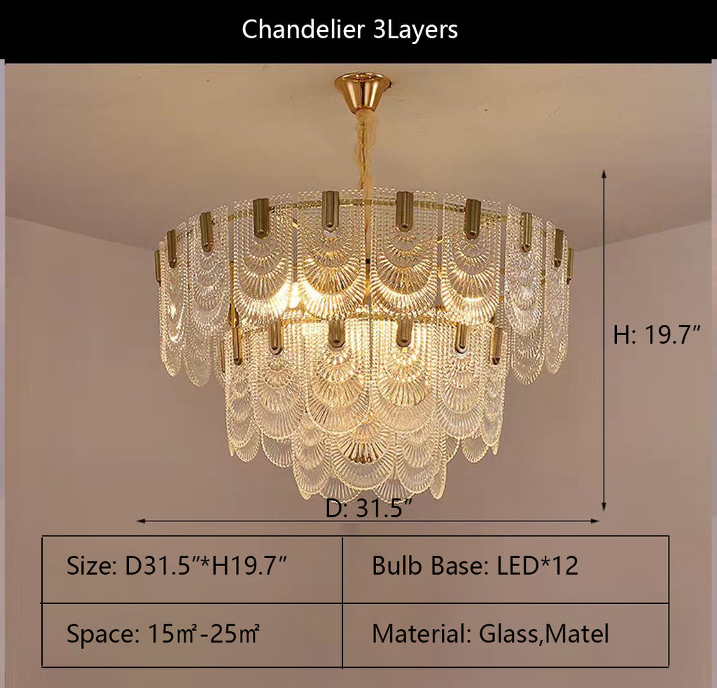 3Layers: D31.5"*H19.7"  glass, tiered, curtain, folded, overlapped, light luxury, oversized, suit, living room, dining room, kitchen island, wall light, flush mount, ceiling, bedroom