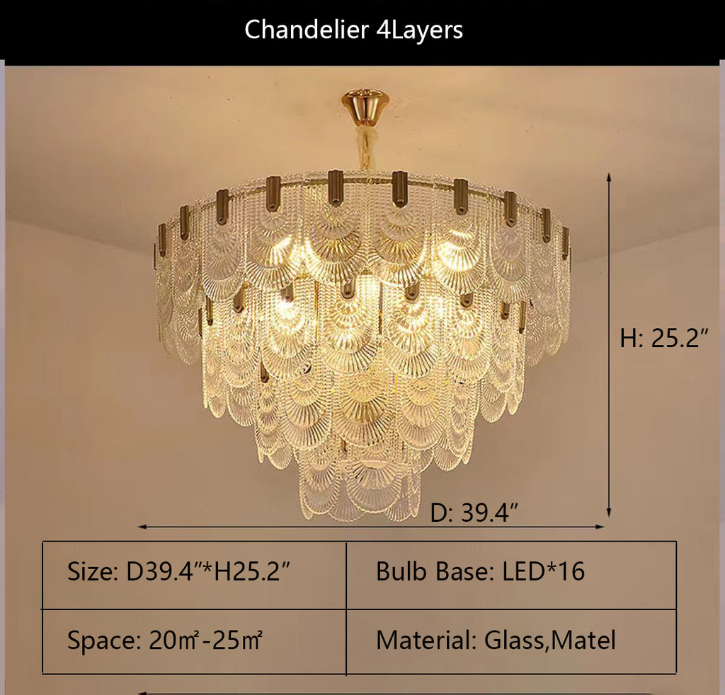 4Layers: D38.4"*H25.2"  glass, tiered, curtain, folded, overlapped, light luxury, oversized, suit, living room, dining room, kitchen island, wall light, flush mount, ceiling, bedroom