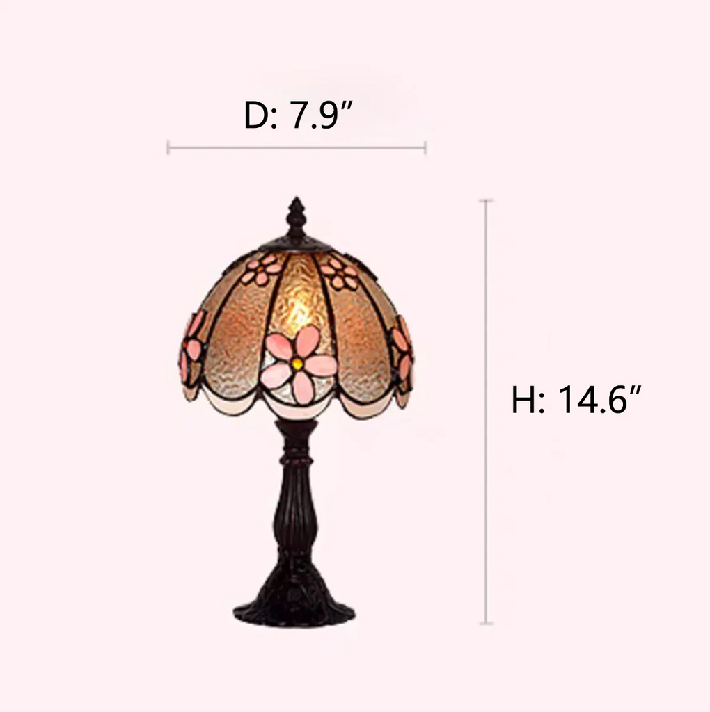 D7.9"*H14.6"  tiffany style, table lamp, light pink, flower petal, vintage, retro, antique, bedside, bedroom, night lamp, coffee table, study room, desk