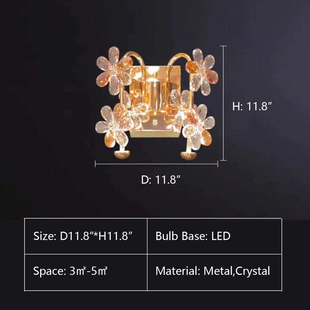 Wall Light: D11.8"*H11.8"  gold, crystal, light luxury, flower, floral, petal, chandelier, wall light, wall lamp, living room, dining room, bedroom, suit