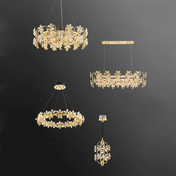 gold, crystal, light luxury, flower, floral, petal, chandelier, wall light, wall lamp, living room, dining room, bedroom, suit