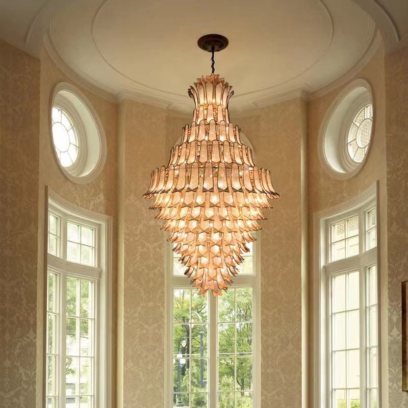 Sculptural Clear and Amber Murano Glass Petals or "Selle" Drop Chandelier, Italy   extra large, oversized, light luxury, gold, tiered, pendant, chandelier, for large space, high-ceiling room, two-story living room, loft, villa, duplex, hotel lobby