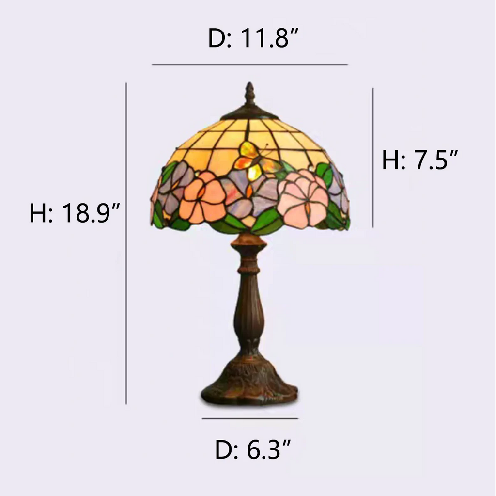 D6.3"*H18.9"  butterfly, flower, floral, colorful, bright green, jade white, tiffany lamp shade, colorful, upside down umbrella, glass,  table lamp, bedside, night lamp, coffee table, colorful, antique, retro, vintage