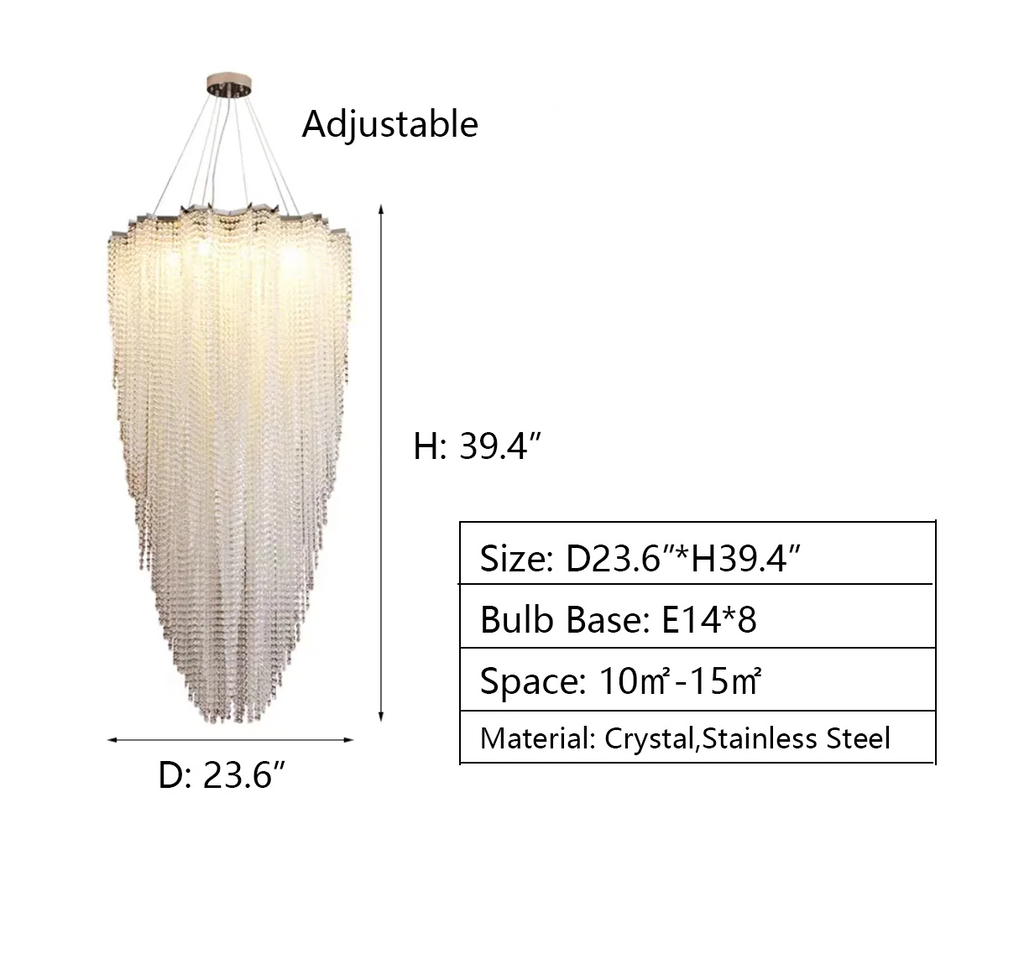 D23.6"*H39.4"  cascade, crystal, extra large, oversized, tassel, pendant, chandelier, high-ceiling room, staircase