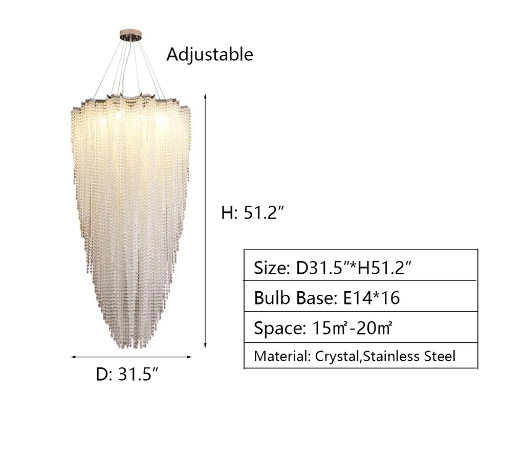 D31.5"*H51.2"  cascade, crystal, extra large, oversized, tassel, pendant, chandelier, high-ceiling room, staircase