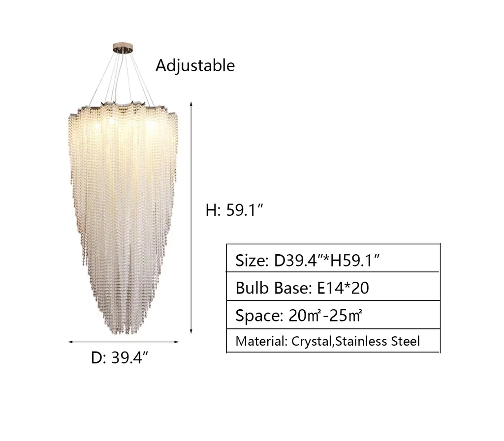 D39.4"*H59.1"  cascade, crystal, extra large, oversized, tassel, pendant, chandelier, high-ceiling room, staircase