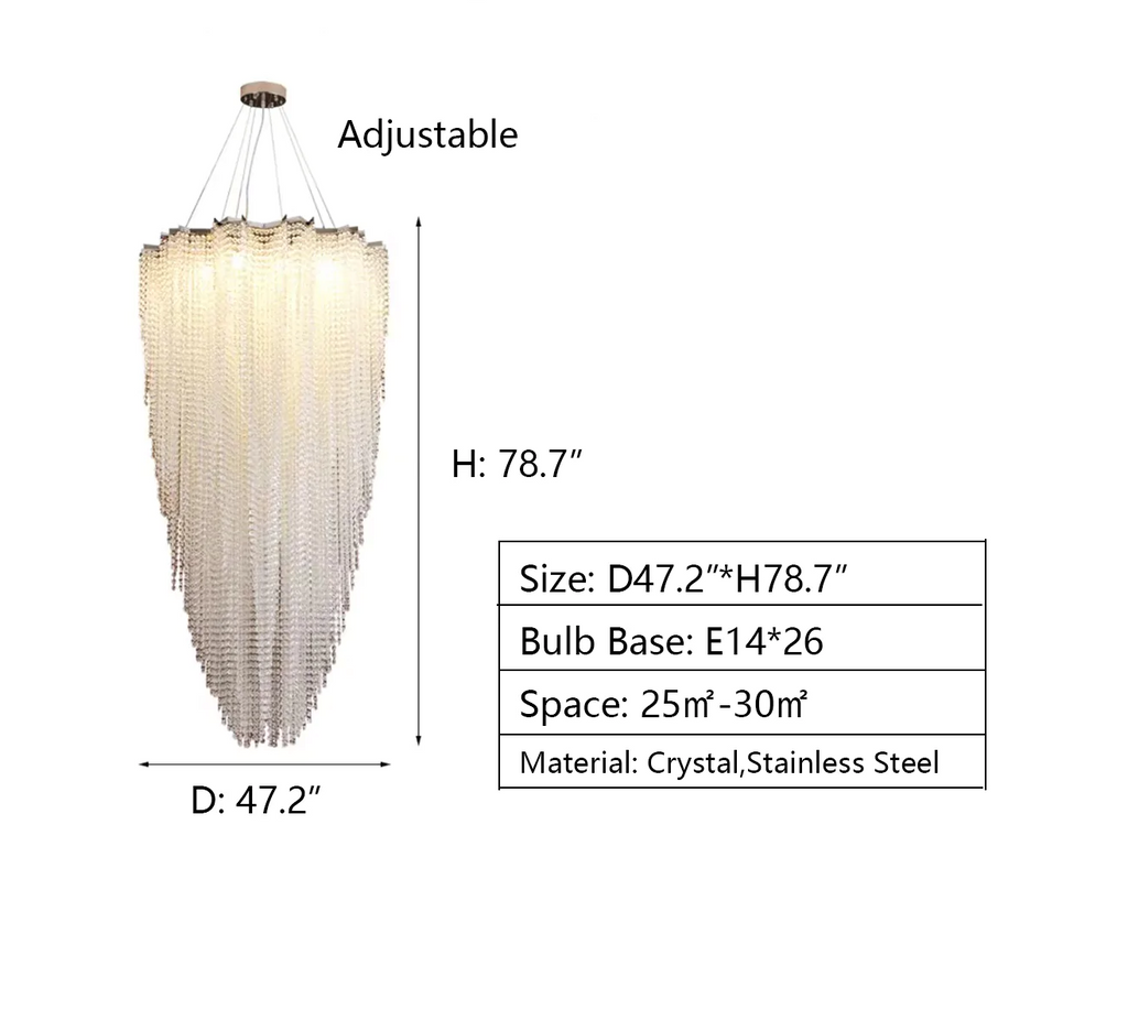 D47.2"*H78.7"  cascade, crystal, extra large, oversized, tassel, pendant, chandelier, high-ceiling room, staircase