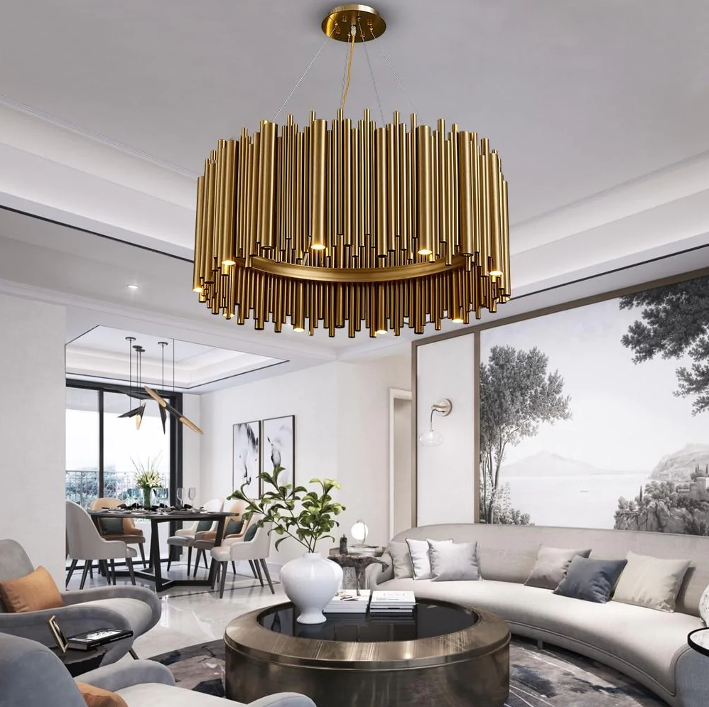 gold, luxury, post modern, drum, round, irregular, pendant, chandelier, living room, dining room, bedroom, home office