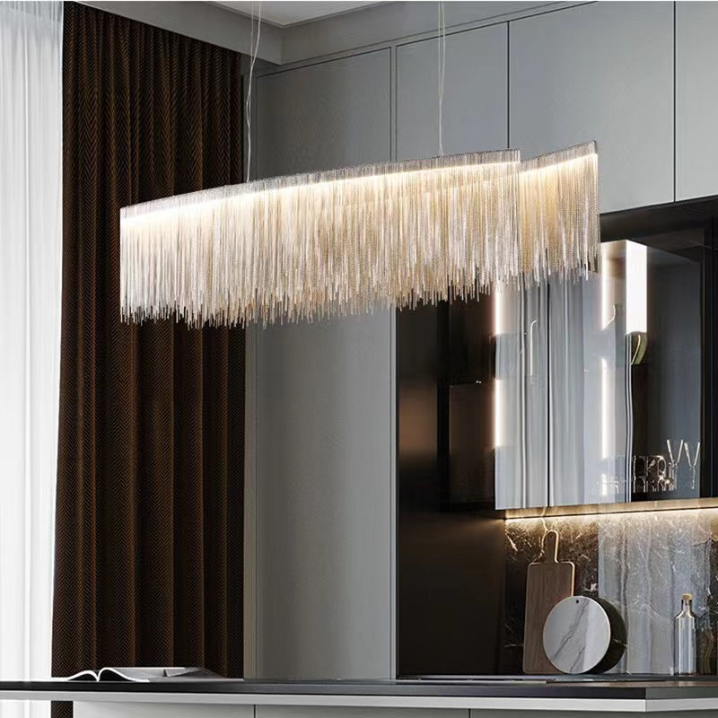 7PM Modern Linear Chandelier Tassels Chrome Chain Pendant Light Contemporary Lighting Fixture for Dining Room Kitchen Island 