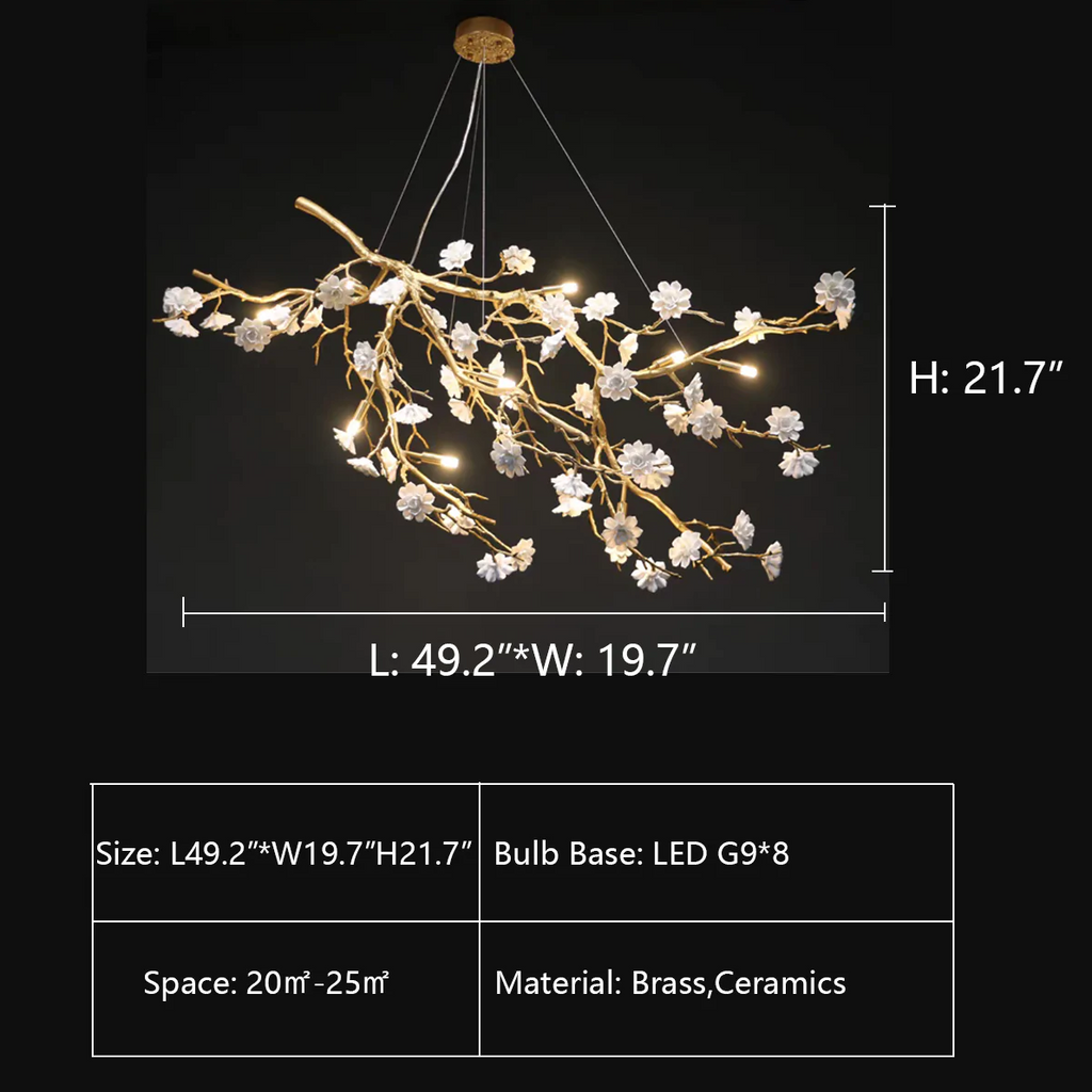 L49.2"*W19.7"*H19.7"  natural, flower, branch, pendant, boho, bohemian, brass, ceramic, living room, dining room