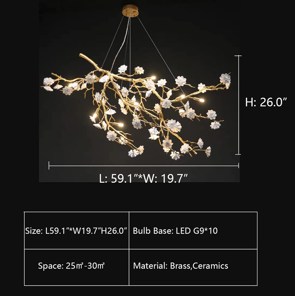 L59.1"*W19.7"*H19.7"   natural, flower, branch, pendant, boho, bohemian, brass, ceramic, living room, dining room