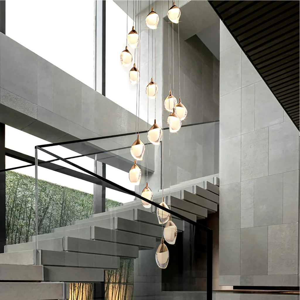 extra long, oversized, for large space, for hing-ceiling space, staircase, two-story foyer, loft, villa, mango, bubble, pendant