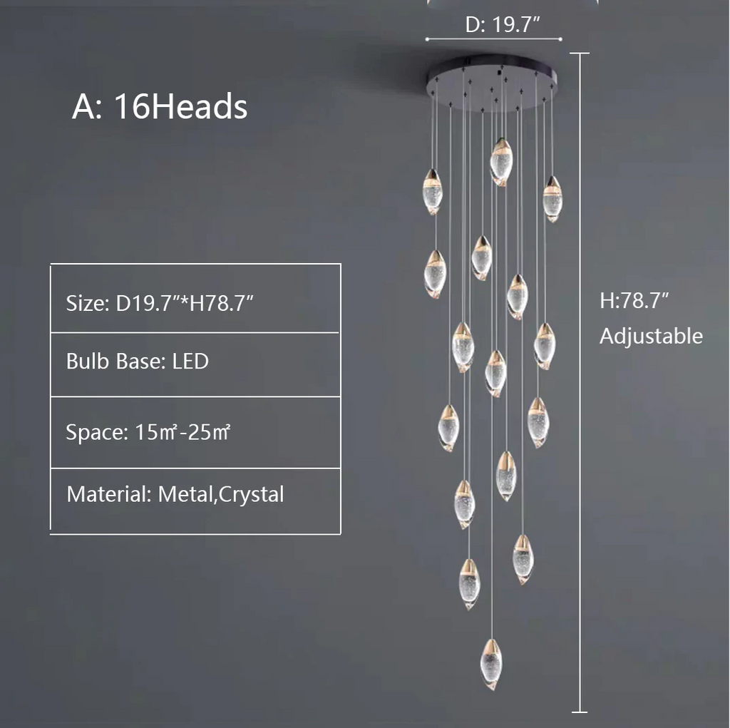 A: 16Heads D19.7"*H78.7"  extra long, oversized, for large space, for hing-ceiling space, staircase, two-story foyer, loft, villa, mango, bubble, pendant