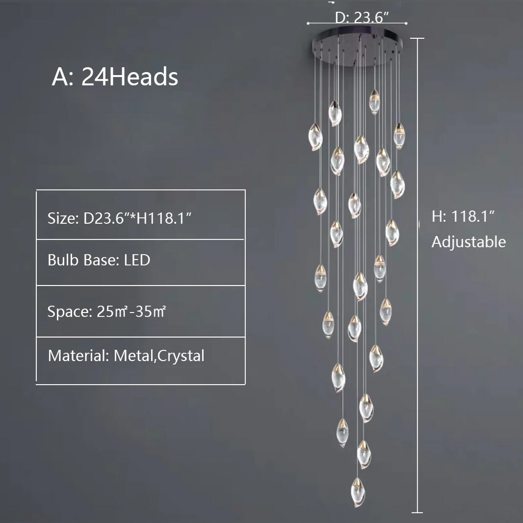 A: 24Heads D23.6"*H118.1"  extra long, oversized, for large space, for hing-ceiling space, staircase, two-story foyer, loft, villa, mango, bubble, pendant