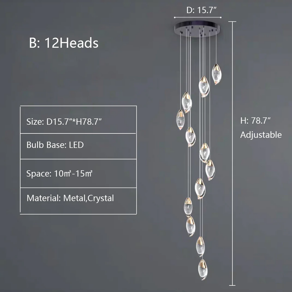 B: 12Heads D15.7"*H78.7"  extra long, oversized, for large space, for hing-ceiling space, staircase, two-story foyer, loft, villa, mango, bubble, pendant