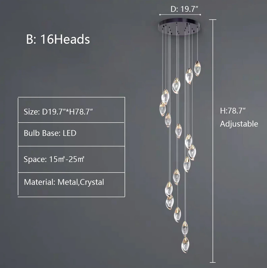 B:16Heads D19.7"*H98.4"  extra long, oversized, for large space, for hing-ceiling space, staircase, two-story foyer, loft, villa, mango, bubble, pendant