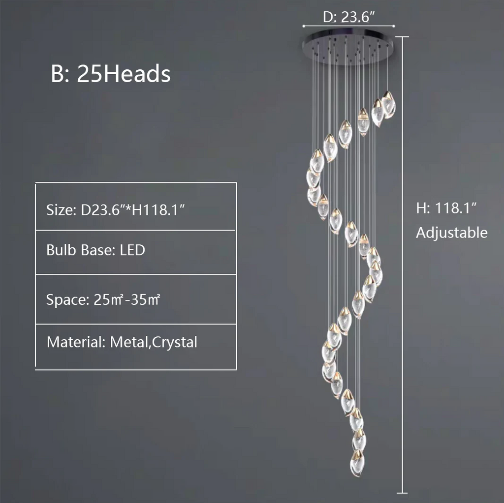 B: 24Heads D23.6"*H118.1"   extra long, oversized, for large space, for hing-ceiling space, staircase, two-story foyer, loft, villa, mango, bubble, pendant