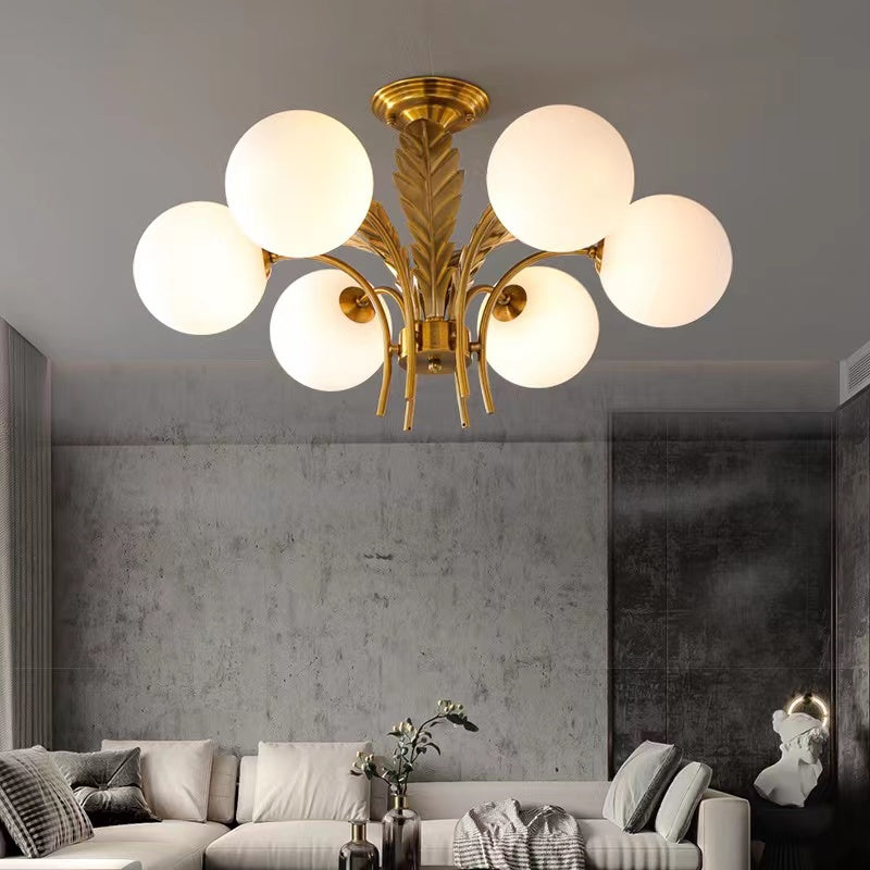 KWOKING Modern Sputnik Chandelier 6 Lights Sphere Ceiling Light with Glass Globes Hanging Light with Leaf Decor - Cognac Finish    Jasmine Brass Feathers 6 Globes Chandelier, living room, bedroom, home office