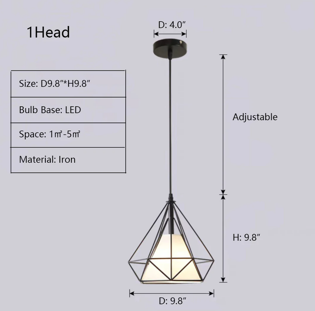 1Heads: D9.8"*H9.8"  geometric,, industrial style, diamond, birdcage, cage, iron, pendant, kitchen island, home office, entryway, cafe, restaurants