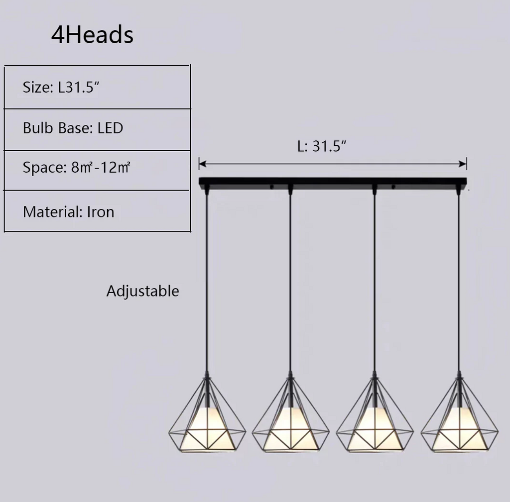 Rectangle: 4Heads L31.5“  geometric,, industrial style, diamond, birdcage, cage, iron, pendant, kitchen island, home office, entryway, cafe, restaurants