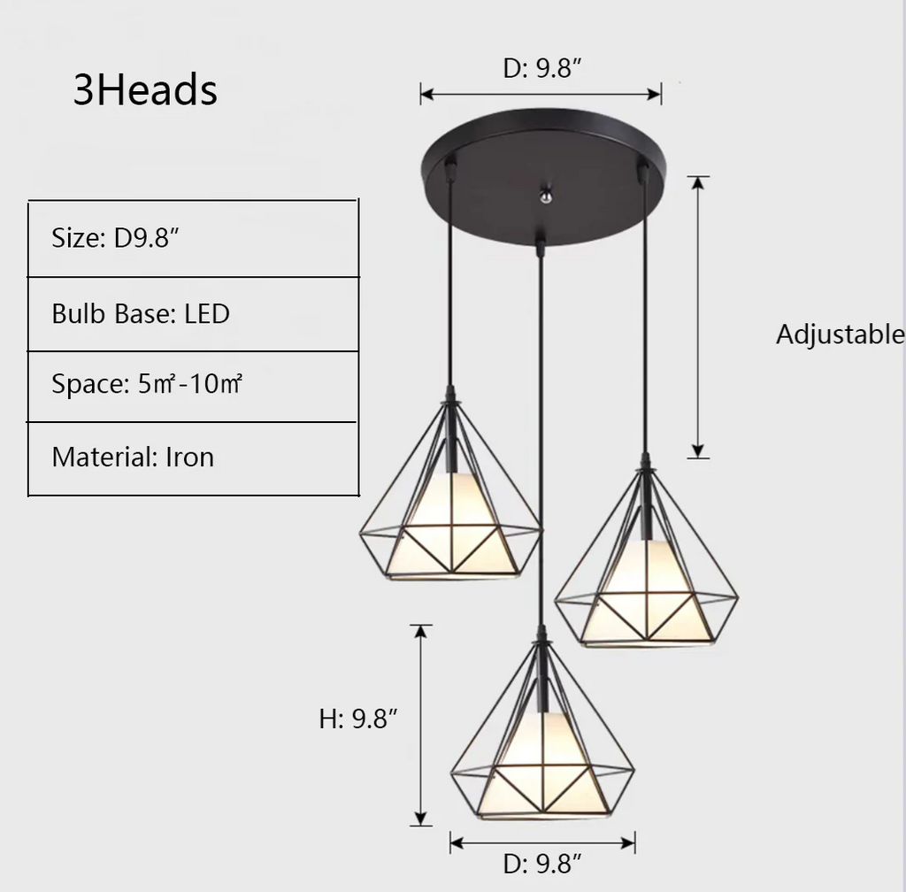 3Heads: D 9.8"   geometric,, industrial style, diamond, birdcage, cage, iron, pendant, kitchen island, home office, entryway, cafe, restaurants