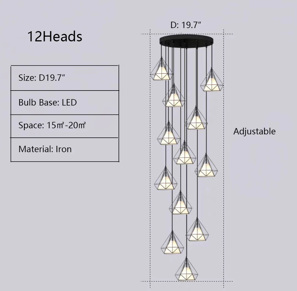 12Heads: D 19.7"   geometric,, industrial style, diamond, birdcage, cage, iron, pendant, kitchen island, home office, entryway, cafe, restaurants