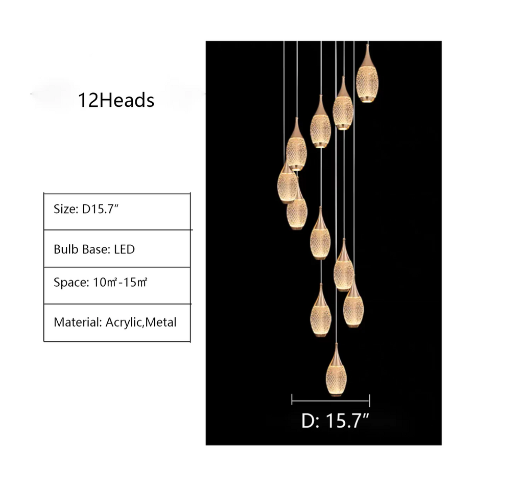 12 HeadS: D15.7"   extra long, oversized, plaid, acrylic, cluster, pendant, chandelier, staircase, living room, dining room, bedside