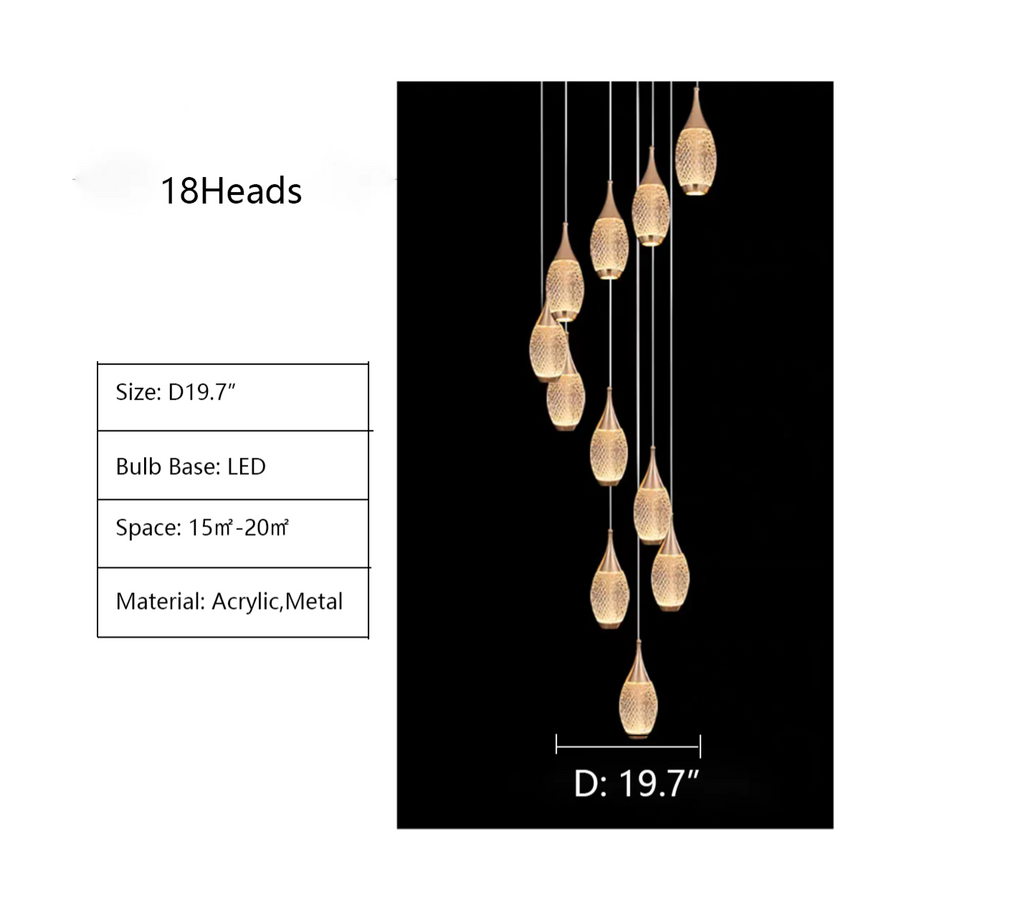 18 Heads: D19.7"   extra long, oversized, plaid, acrylic, cluster, pendant, chandelier, staircase, living room, dining room, bedside