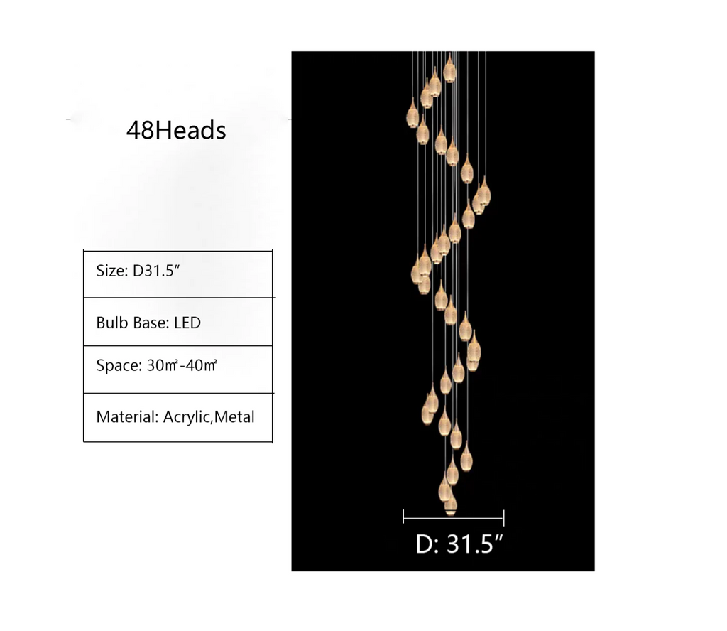 48 Heads: D31.5"   extra long, oversized, plaid, acrylic, cluster, pendant, chandelier, staircase, living room, dining room, bedside