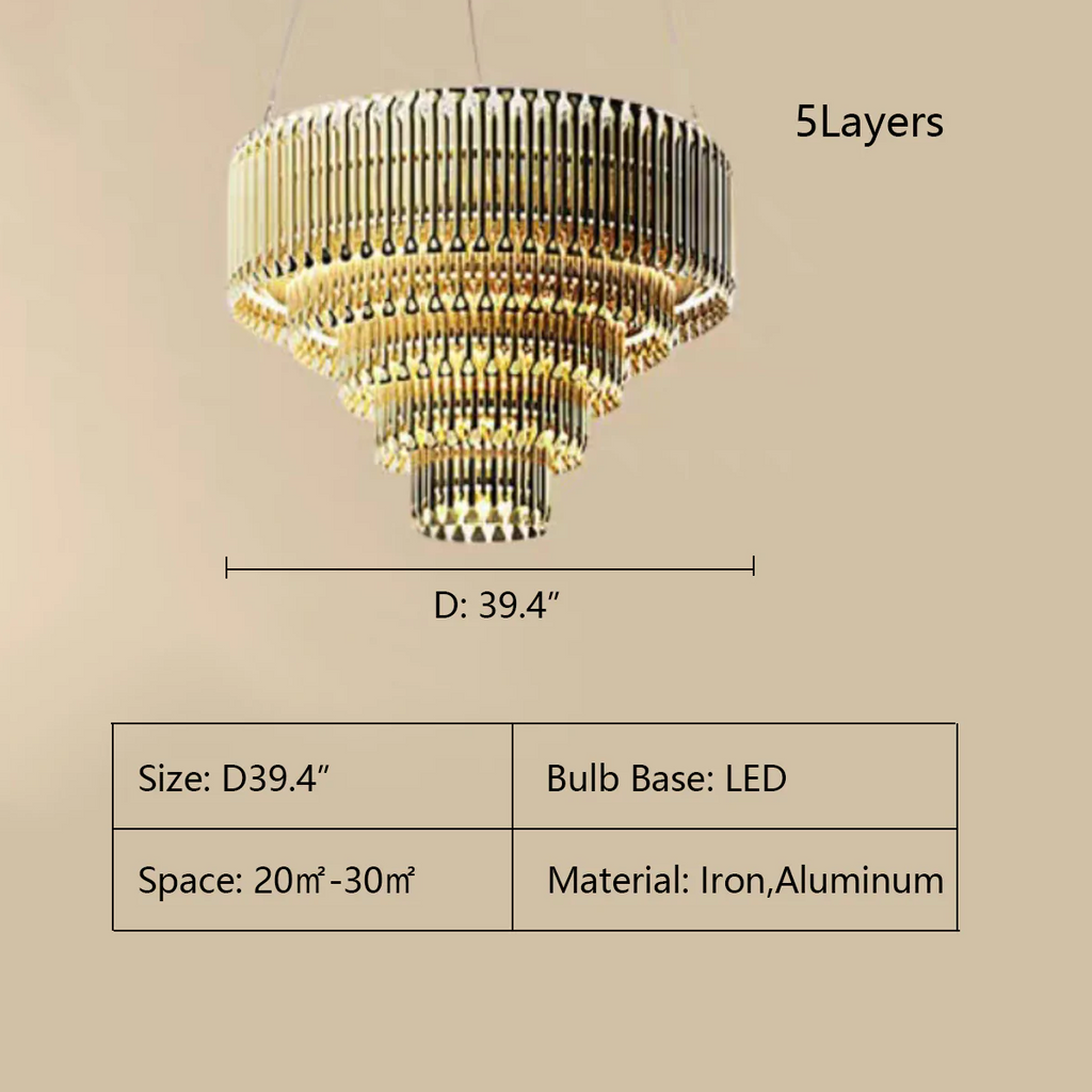 5Layers: D39.4"   drum, light luxury, aluminum, hollow, gold, chandelier, oversized, extra large, living room, dining room, bedroom, tiered