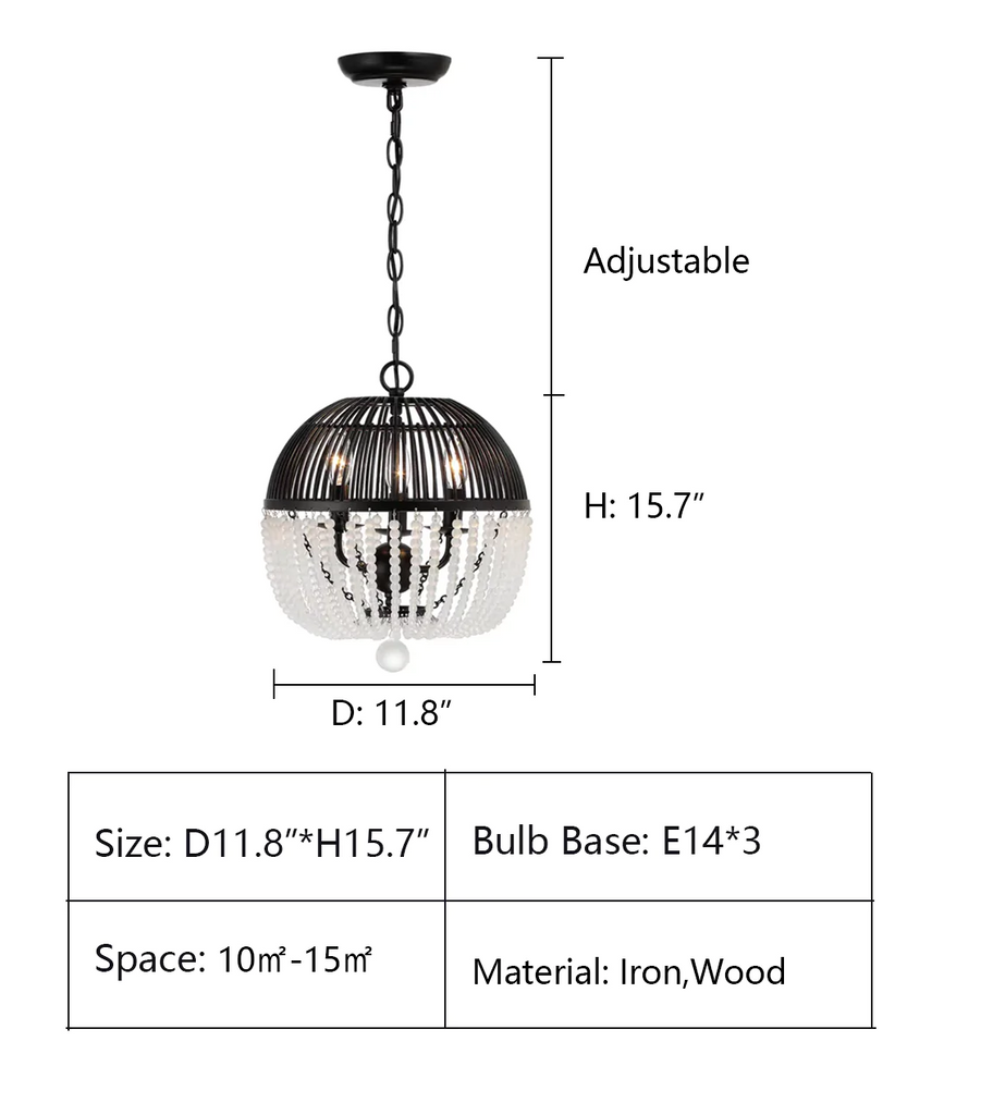 3Heads: D11.8"*H15.7"   Boho Hollow Sphere Wooden Beaded Pendant Chandelier for Bedroom/Foyer/Hallway   bohemian, candle, iron,cage, black, globe