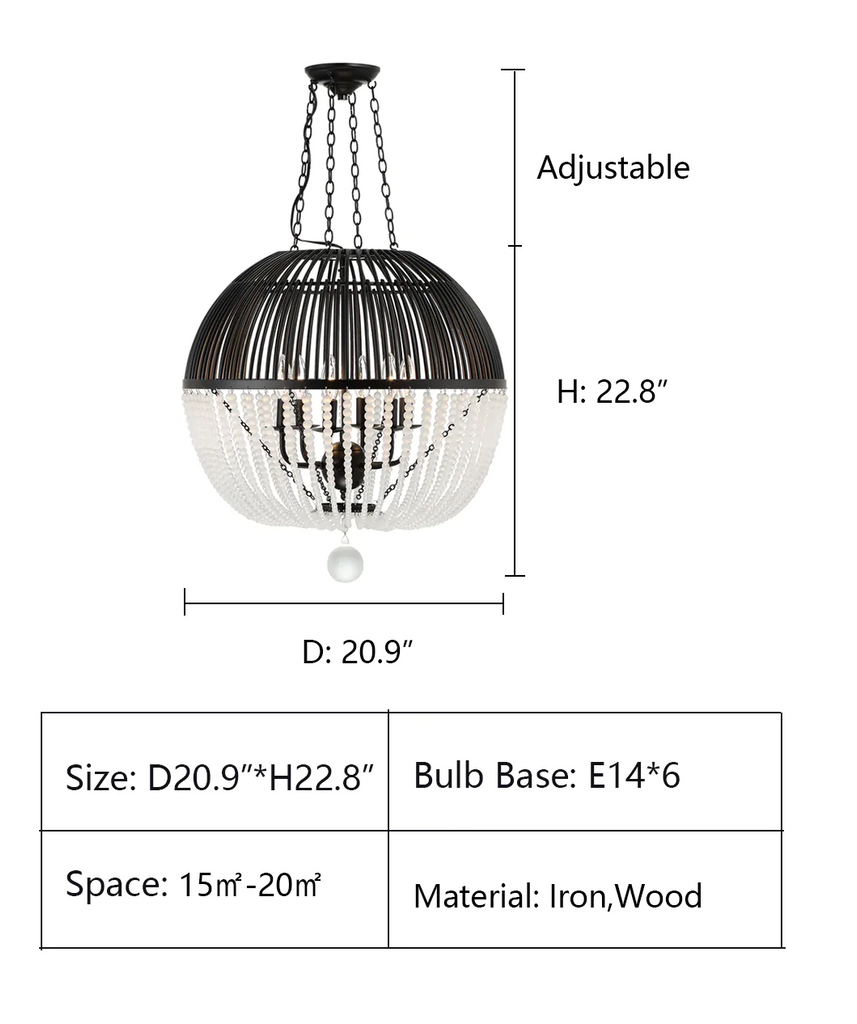 6Heads: D20.9"*H22.8"   Boho Hollow Sphere Wooden Beaded Pendant Chandelier for Bedroom/Foyer/Hallway   bohemian, candle, iron,cage, black, globe