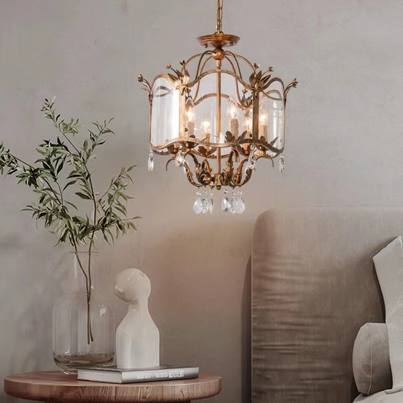 Rustic Wrought Iron Glass Shade Candle Pendant Chandelier for Dining Room/Bedroom 