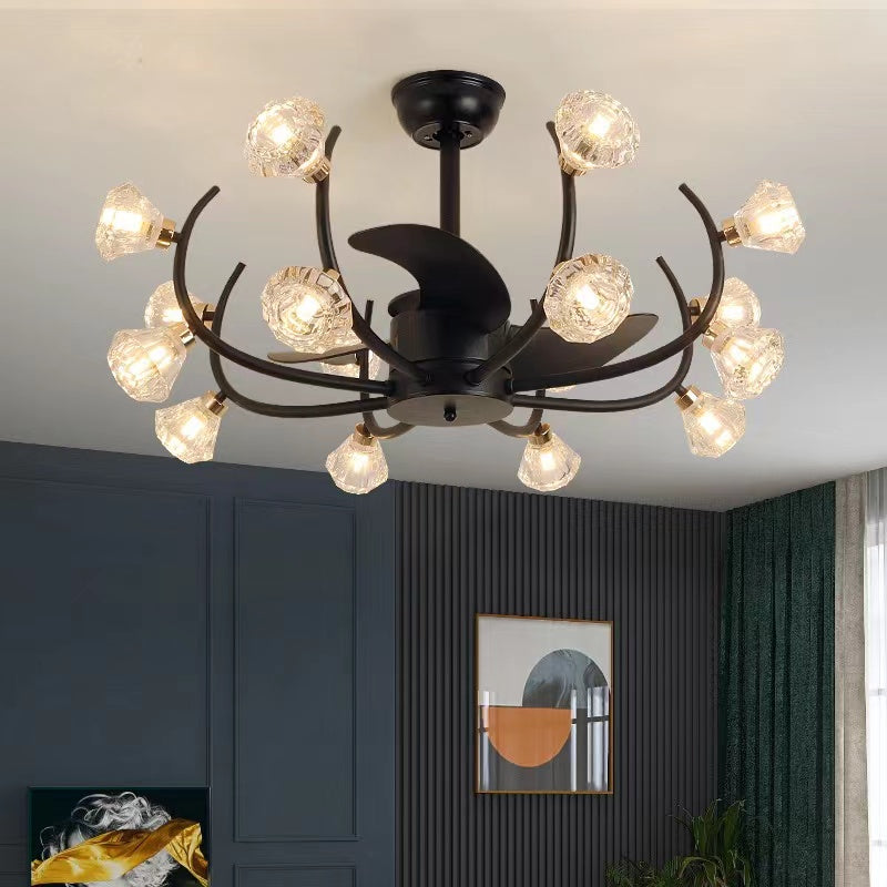 Black Branch Facet Diamond Crystal Fan Blade Chandelier for Living/Dining Room/Bedroom  