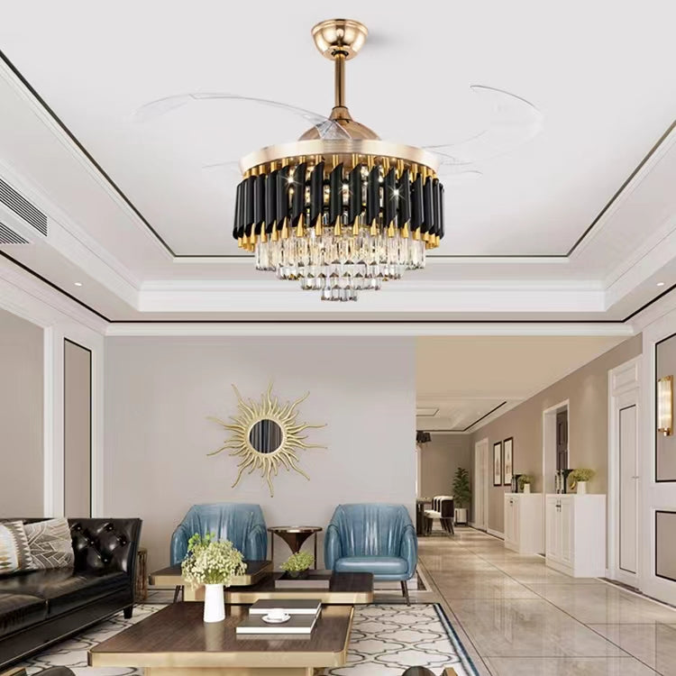 Light Luxury Invisible Fan Light Crystal Ceiling Chandelier for Living/Dining Room/Bedroom  tiered, drum,