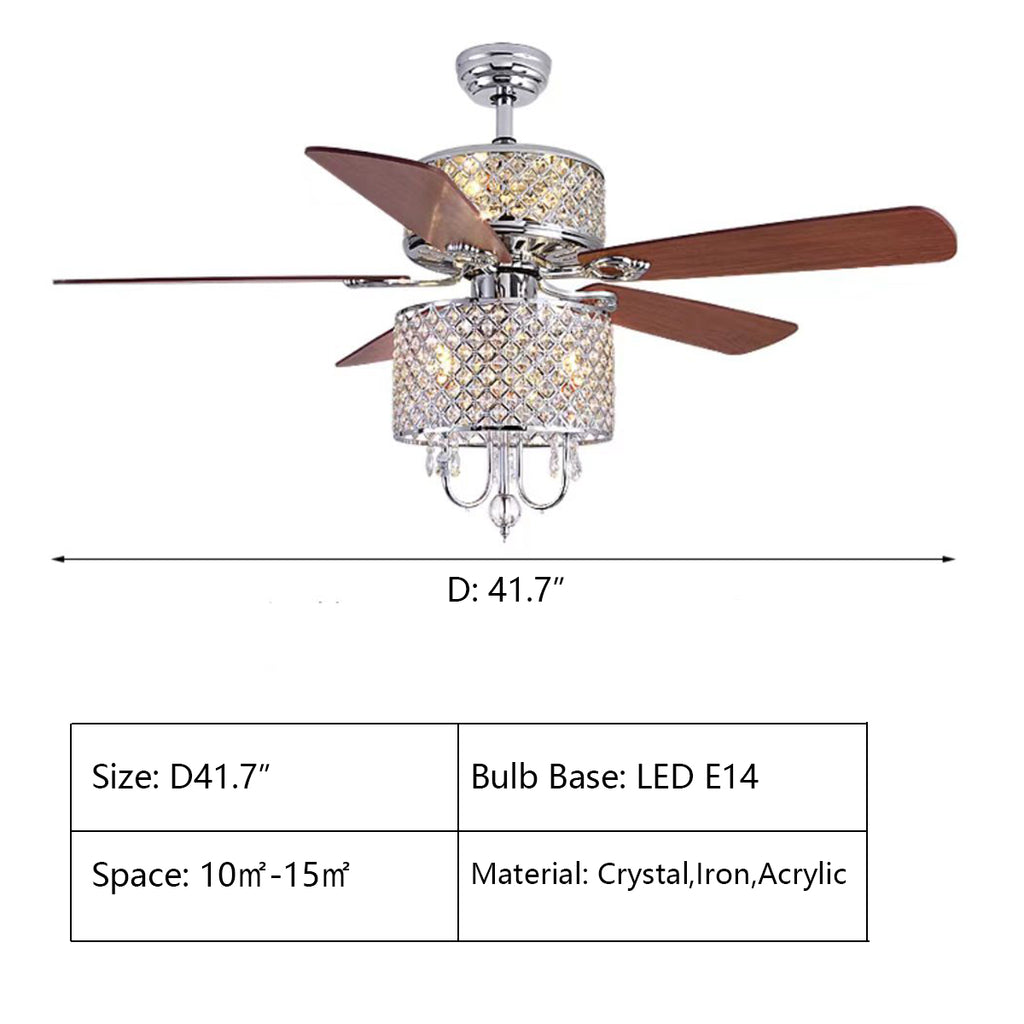 D41.7"  5-Blade American Fan Light Tiered Crystal Chandelier for Living/Dining Room/Bedroom  art, remote control, silent, quiet, iron