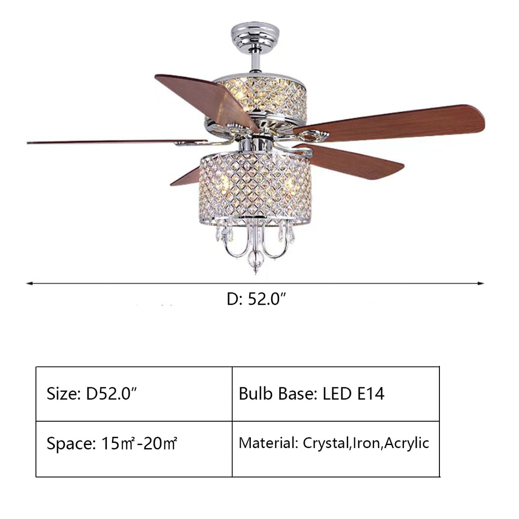 D52.0"  5-Blade American Fan Light Tiered Crystal Chandelier for Living/Dining Room/Bedroom  art, remote control, silent, quiet, iron