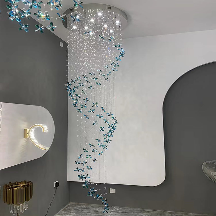 Extra Large Flower Petal Crystal Pendant Long Cascade Spiral Chandelier for Staircase  light blue, tapering, high-ceiling room, oversized, romantic, floral