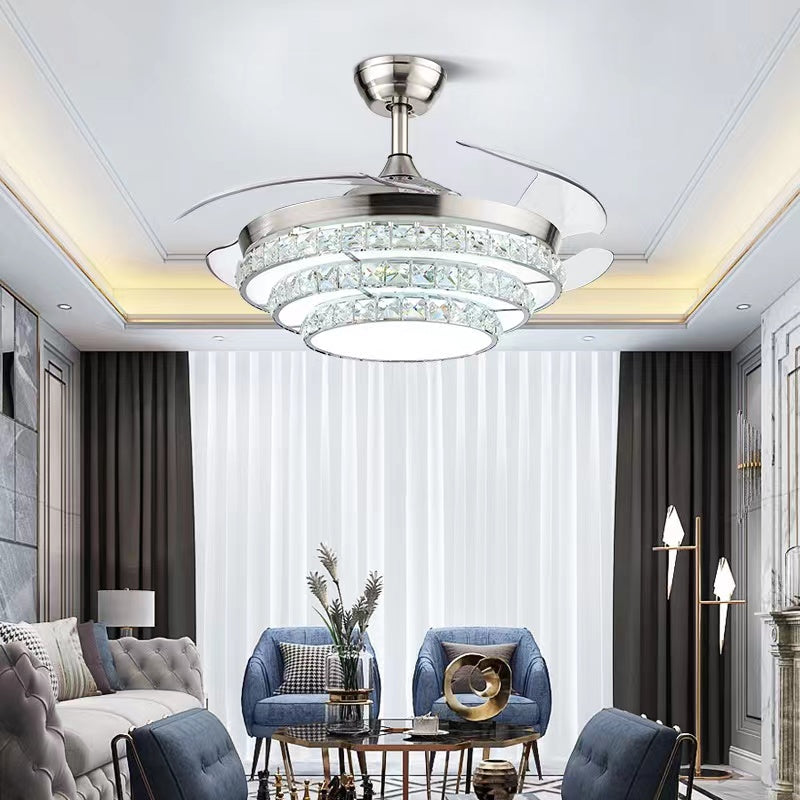 Invisible Fan Blade Tiered Crystal Pendant Chandelier for Living/Dining Room  chrome, gold, oversized, extra large