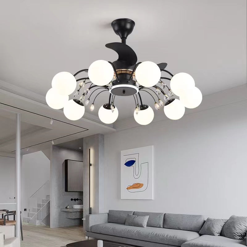 3-Blade Branch Multi-Head Classic Black Fan Chandelier for Living/Dining Room   Iron, PVC, Glass   pure white and transparent starburst