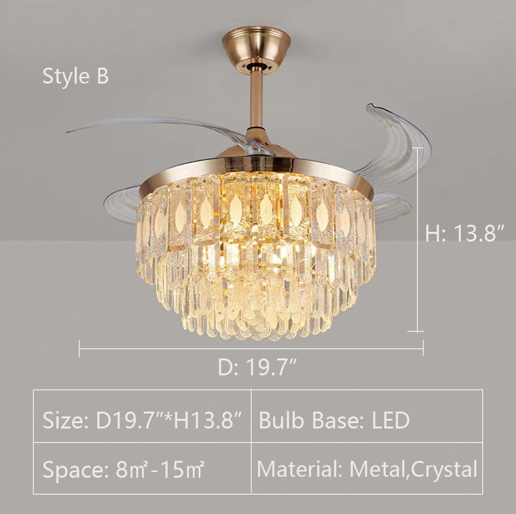 Style B: D19.7"*H13.8"   New Modern Light Luxury 3-Blade Invisible Fan Light Ceiling Chandelier for Living/Dining Room/Bedroom  Remote Control Included 