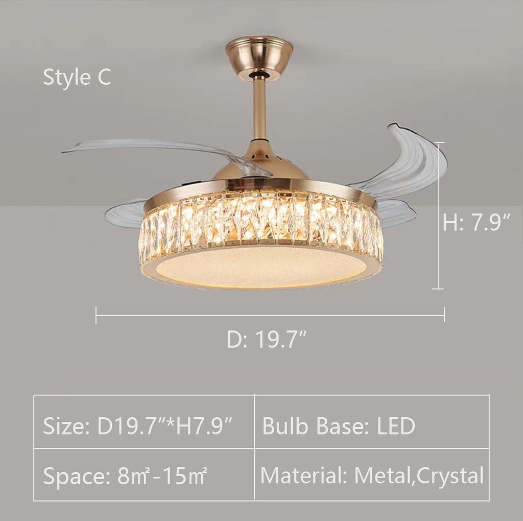 Style C: D19.7"*H7.9"   New Modern Light Luxury 3-Blade Invisible Fan Light Ceiling Chandelier for Living/Dining Room/Bedroom  Remote Control Included 