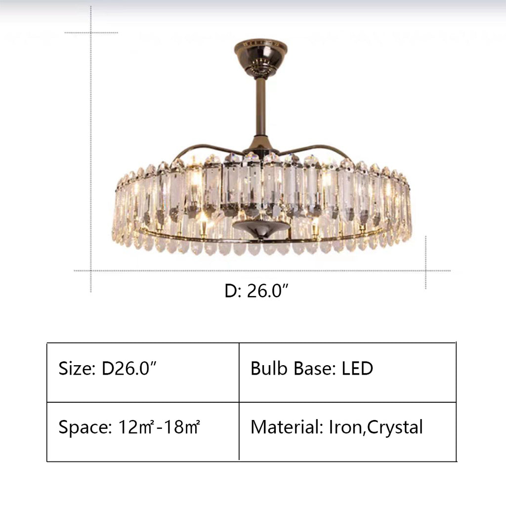 Modern Invisible Fan Light Candle Crystal Chandelier for Living/Dining Room/Bedroom  drum Remote Control Included, quiet, silent