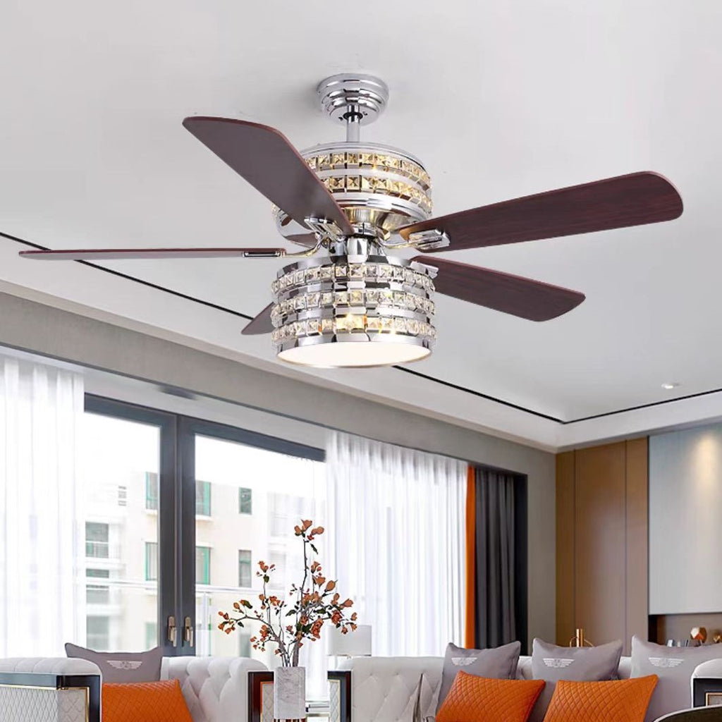 5-Blade Fan Light Tiered Crystal Ceiling Chandelier for Living/Dining Room/Bedroom  Remote Control Included